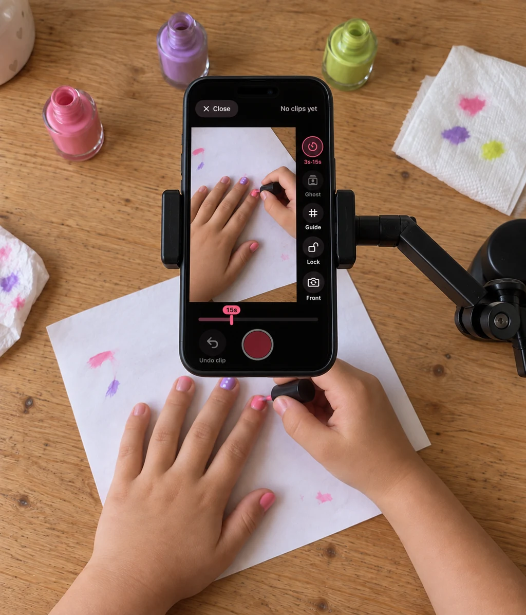 Illustrative home video studio with a phone mounted above a nail-art workspace, showing LAMO Creator’s camera controls.